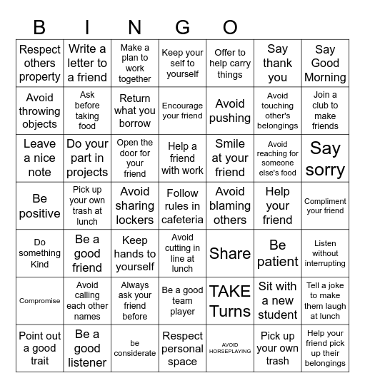 Healthy Friendship Bingo Card