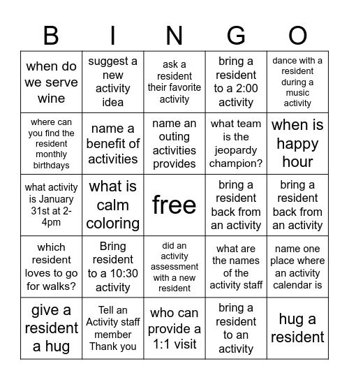 Activity Professional's Week Bingo Card
