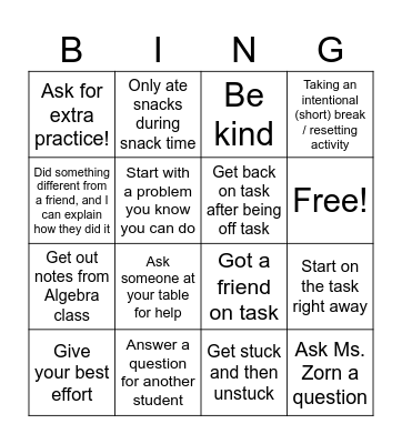 Algebra Lab Bingo! Bingo Card