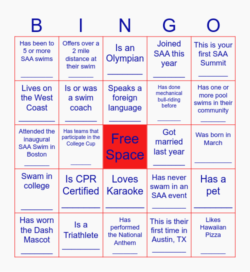 SWIM ACROSS AMERICA BINGO Card