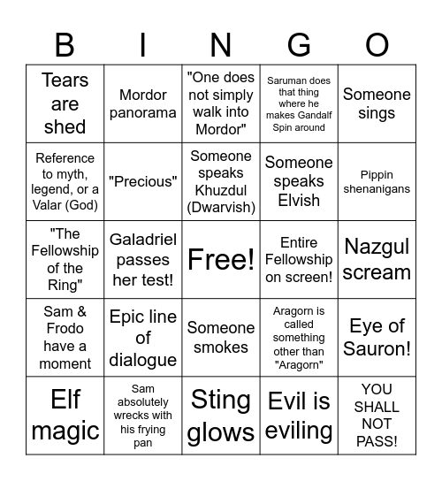 Fellowship of the Ring Bingo Card
