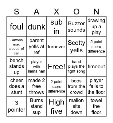 SAXON BASKETBALL Bingo Card