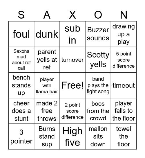 SAXON BASKETBALL Bingo Card