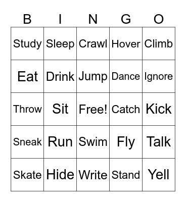 Action Verb Bingo Card