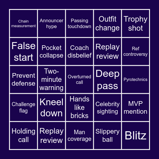 Legends Superbowl Bingo Card