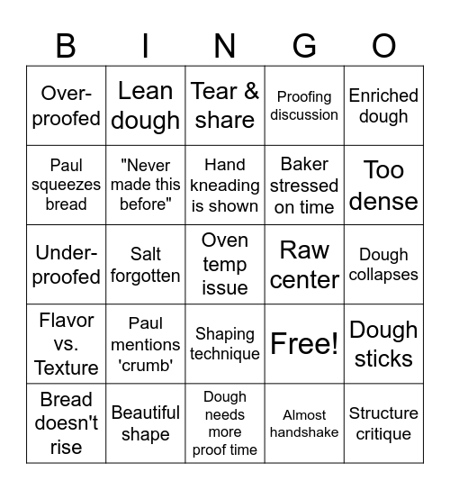 Great British Baking Show Yeast Breads Season 11 Ep. 3 Bingo Card