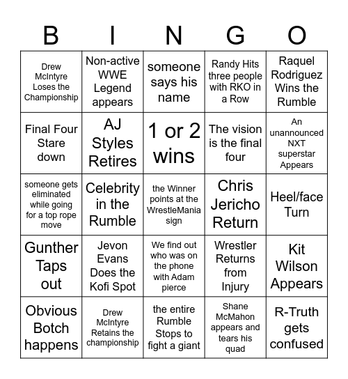 Royal Rumble Bingo card Bingo Card