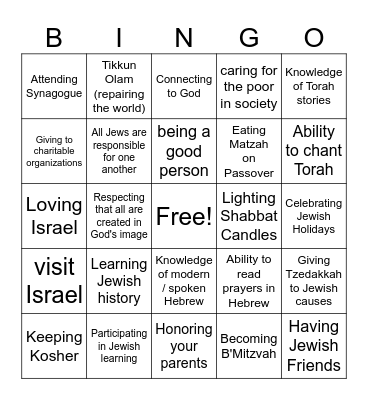 Jewish Values Bingo Card