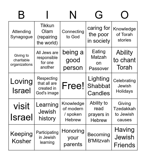Jewish Values Bingo Card