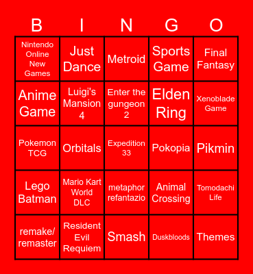 Nintendo Direct 2/?/26 Bingo Card