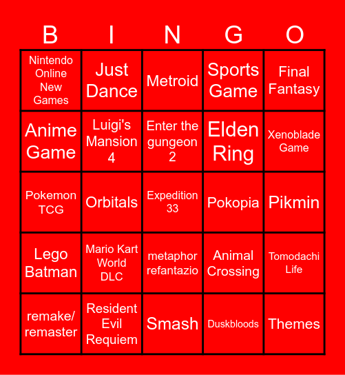 Nintendo Direct 2/?/26 Bingo Card