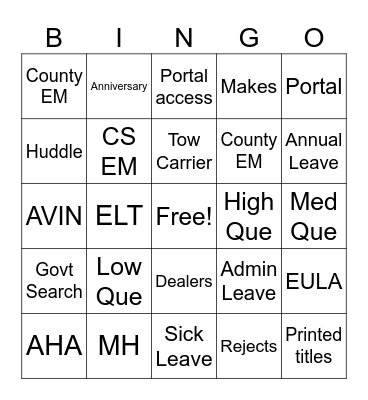 TSU Duties Bingo Card