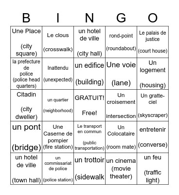 Habiter en ville Bingo Card