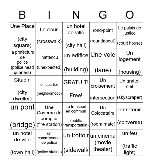 Habiter en ville Bingo Card