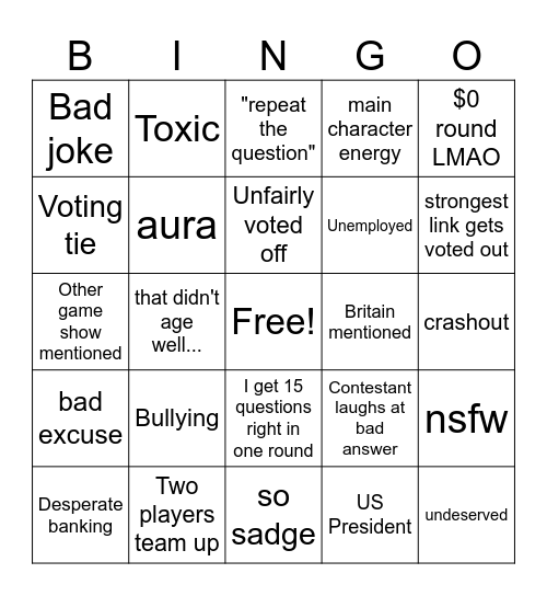 Weakest Link Bingo Card