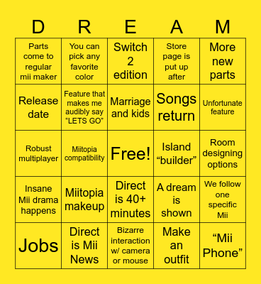Tomodachi Life Direct Bingo Card