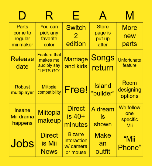 Tomodachi Life Direct Bingo Card