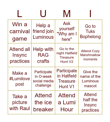 BING-O-WEEK Bingo Card