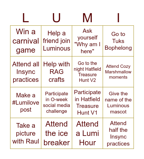 BING-O-WEEK Bingo Card