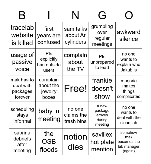 TraceLab Bingo Card