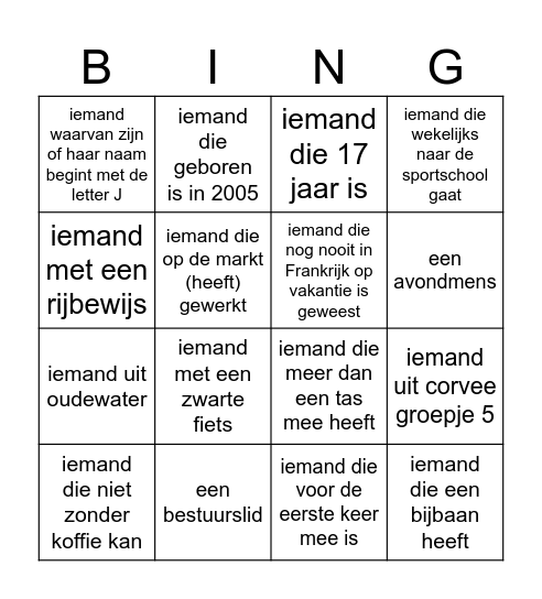 Regio weekend kennismakings Bingo Card