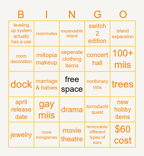 tomodachi life direct Bingo Card