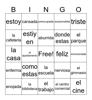 feelings/places Bingo Card