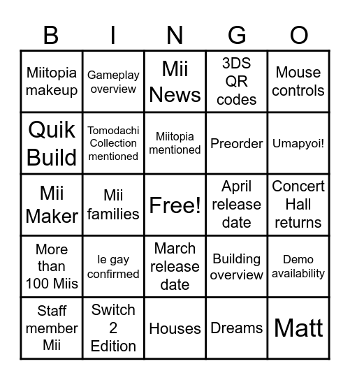Tomodachi Life: Living the Dream Direct Bingo Card