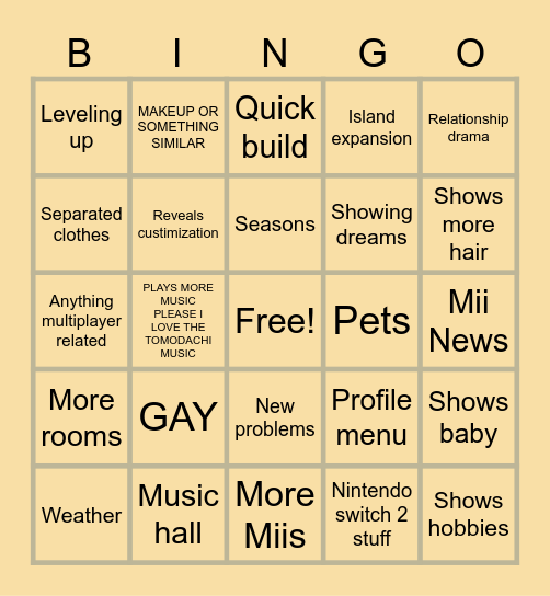TOMODACHI LIFE LIVING THE DREAM DIRECT Bingo Card