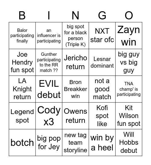 WWE Rumble Bingo Card