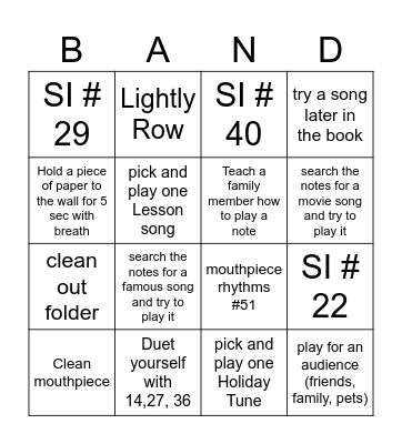 Beginning Band Bingo Card