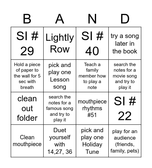 Beginning Band Bingo Card