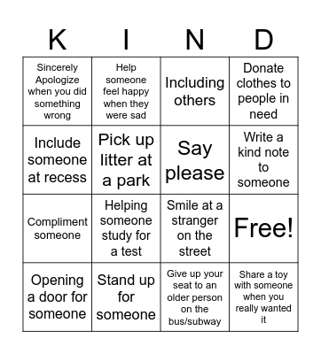 Kindness Bingo Card