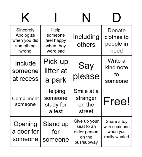 Kindness Bingo Card