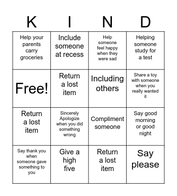 Kindness Bingo Card