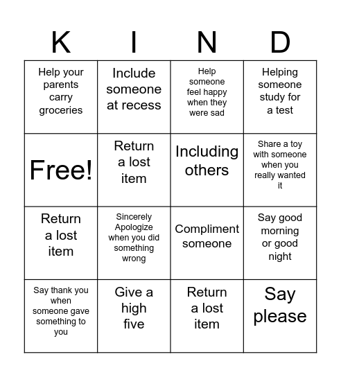 Kindness Bingo Card