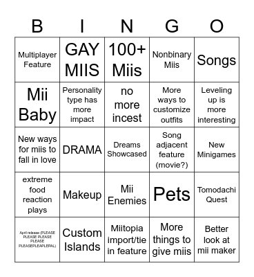 Tomodachi Life Bingo Card