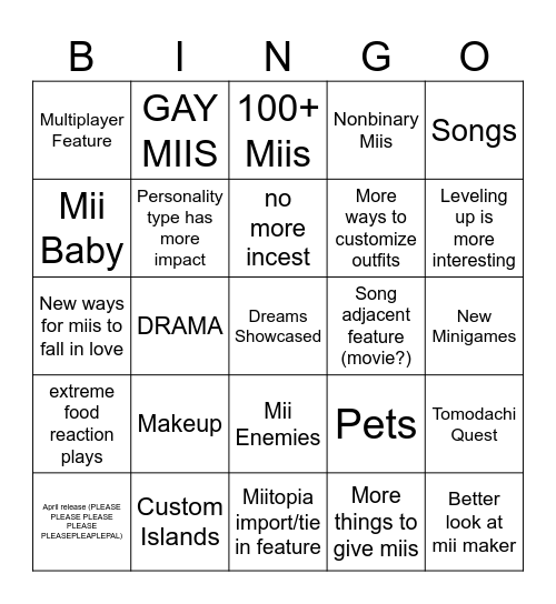 Tomodachi Life Bingo Card