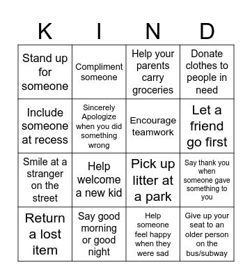 Kindness Bingo Card