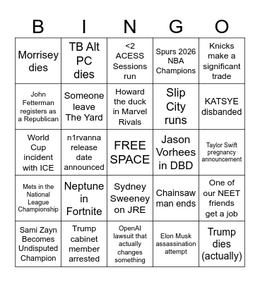 2026 Bingo Card Bingo Card