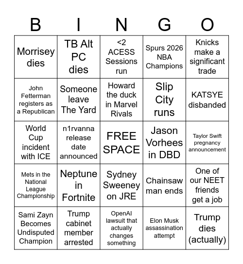 2026 Bingo Card Bingo Card