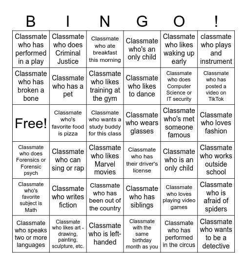 Classmate Bingo Card