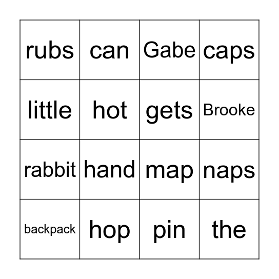 BACKPACKS-  Missing Words Bingo Card
