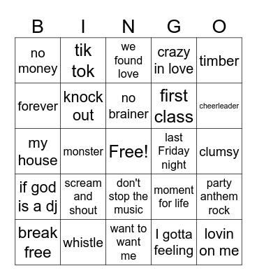 Party Hits Bingo Card