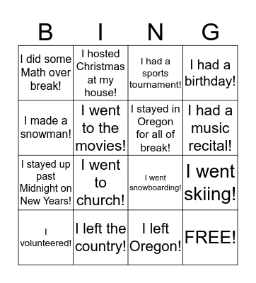 Welcome Back Bingo!!! Bingo Card