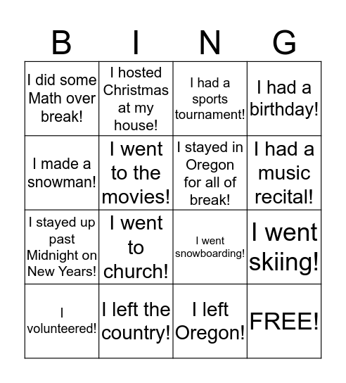 Welcome Back Bingo!!! Bingo Card