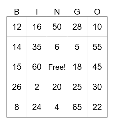 Time Table Bingo Card