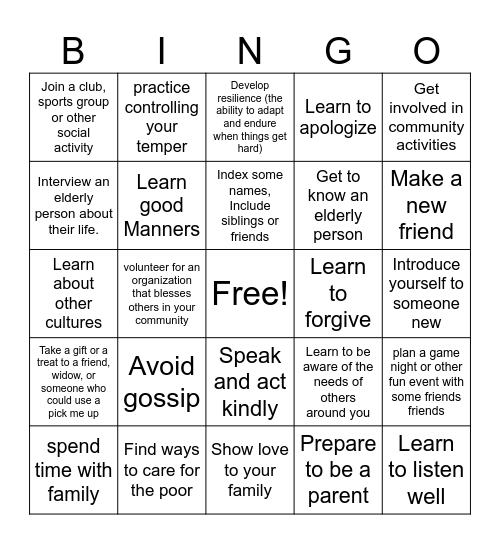 Social ideas to base your goals on Bingo Card