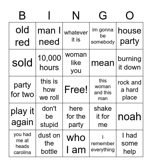 Country hits Bingo Card