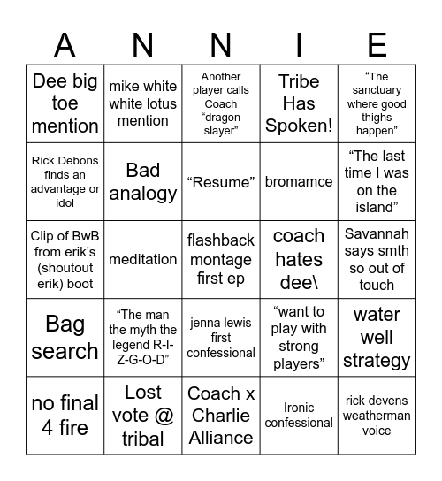 Survivor 50 Bingo Card